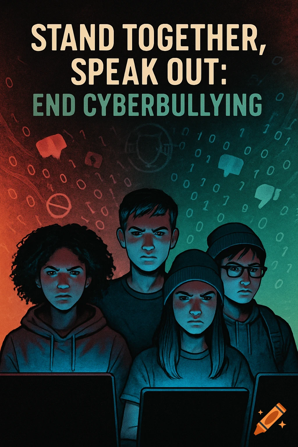 Illustration of four serious teenagers in front of laptops, surrounded by binary code and anti-cyberbullying symbols. Text: STAND TOGETHER, SPEAK OUT: END CYBERBULLYING.