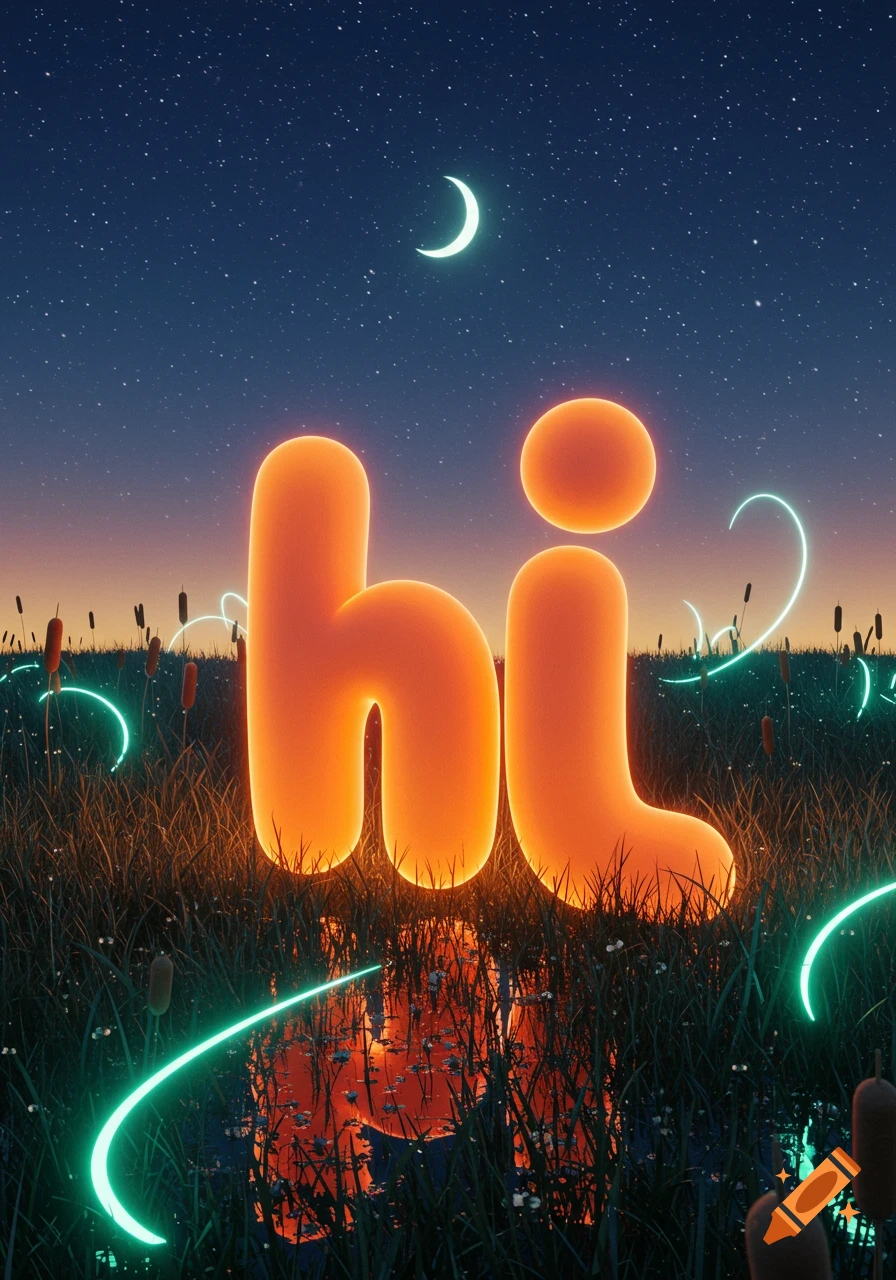 The word 'hi' glowing orange in a grassy field at night under a starry sky with a crescent moon and neon light trails.