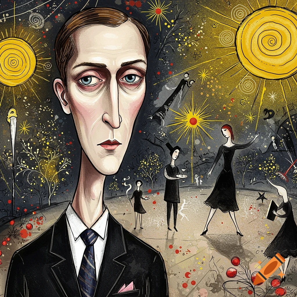 An expressionistic illustration of an anxious man in a suit against a surreal, starry landscape with stylized figures and two large yellow suns.