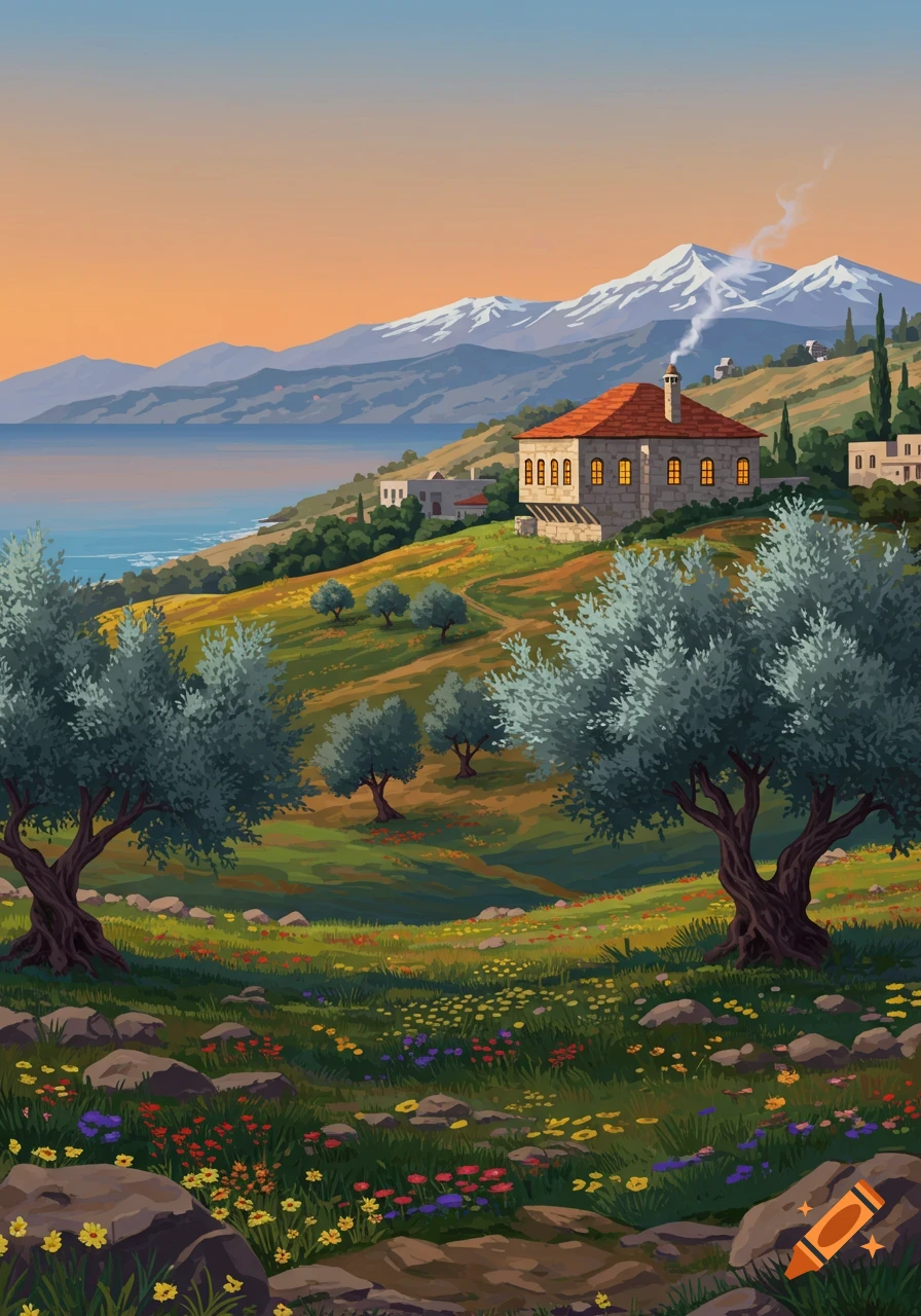 A colorful digital painting of a hillside house overlooking the sea, with olive trees, wildflowers, and snow-capped mountains in the background.