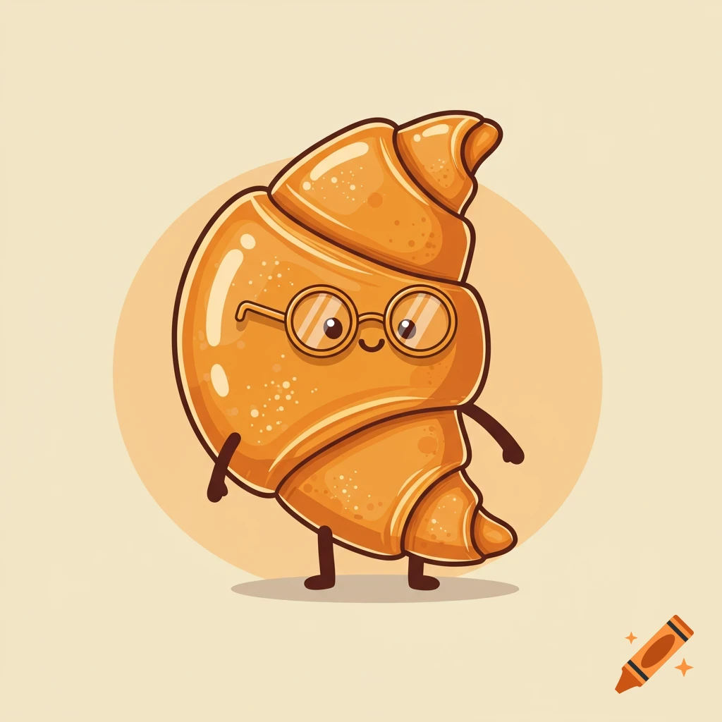 A cute cartoon croissant character wearing round glasses, smiling on a light background.
