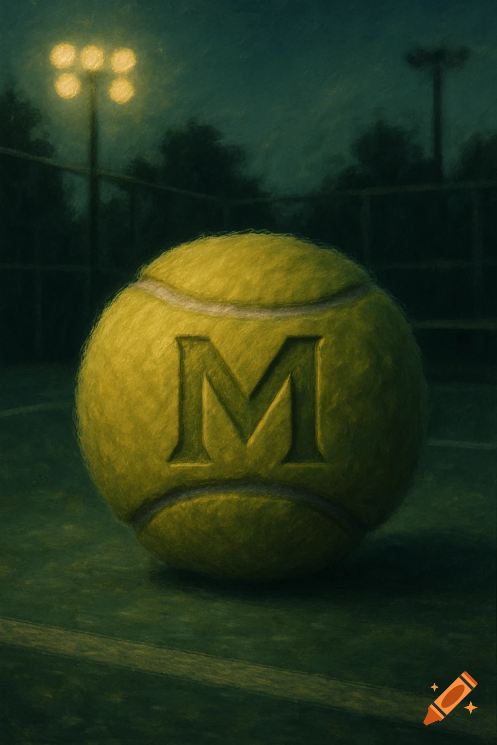 Painterly image of a tennis ball with an 'M' on a dark court under stadium lights.