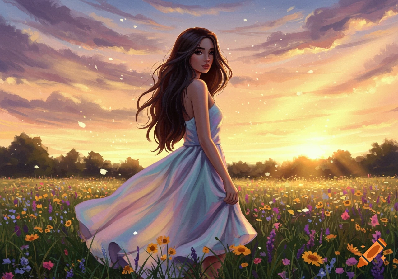 An illustrated young woman in a flowing dress in a wildflower field at sunset.