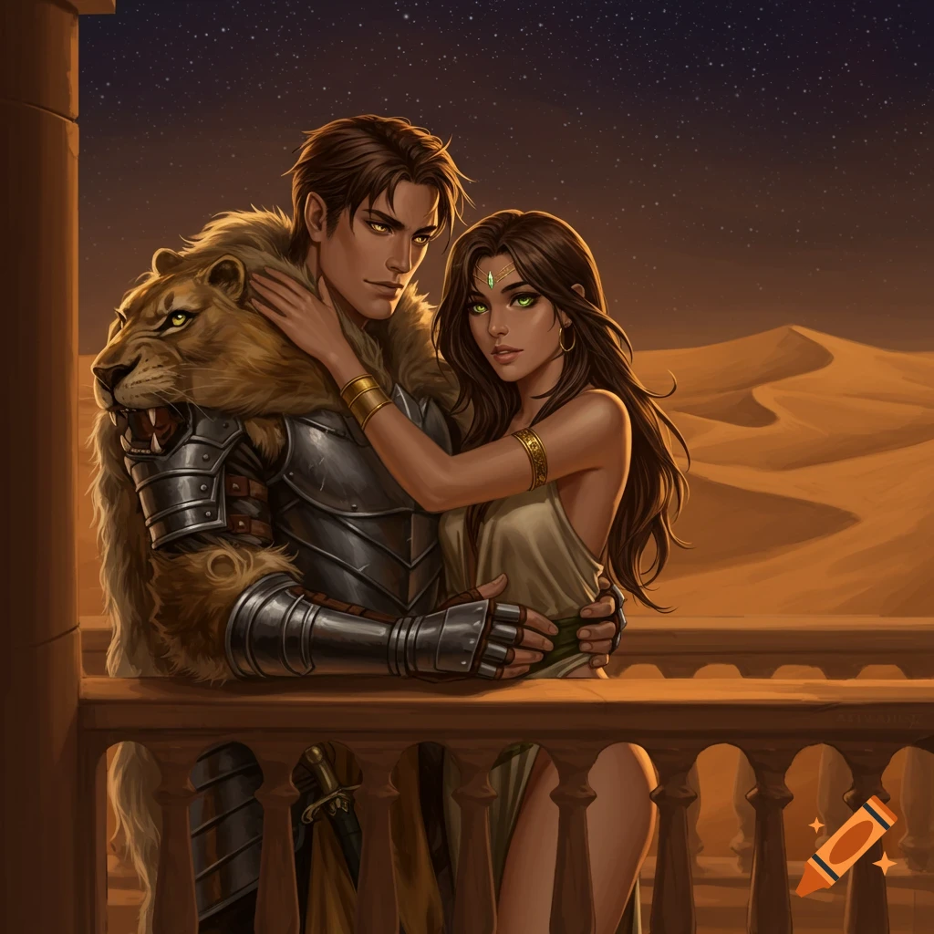 Illustrated fantasy art: A man in lion-hide armor and a woman in desert attire embrace on a balcony at night, overlooking a starry desert.