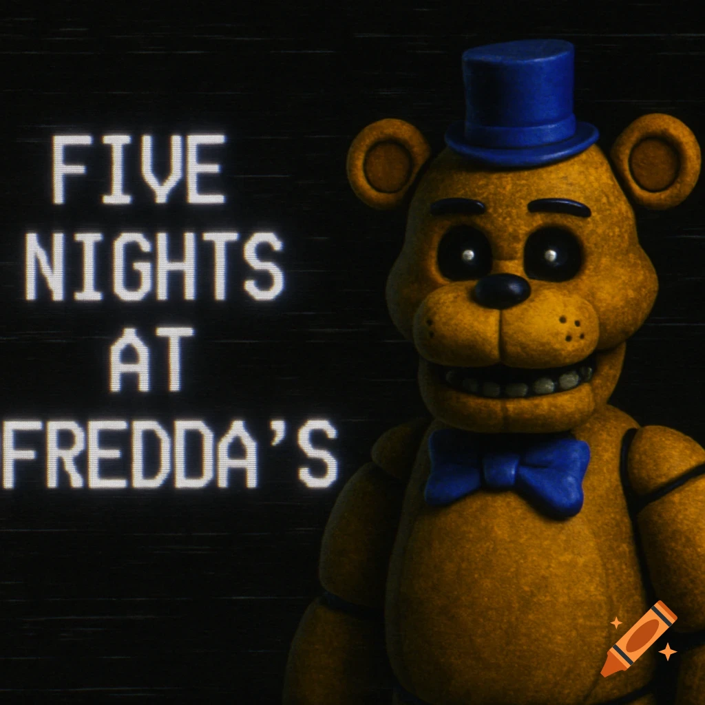 A yellow bear character with a blue top hat and bow tie next to white pixelated text 'FIVE NIGHTS AT FREDDA'S' on a static black background.