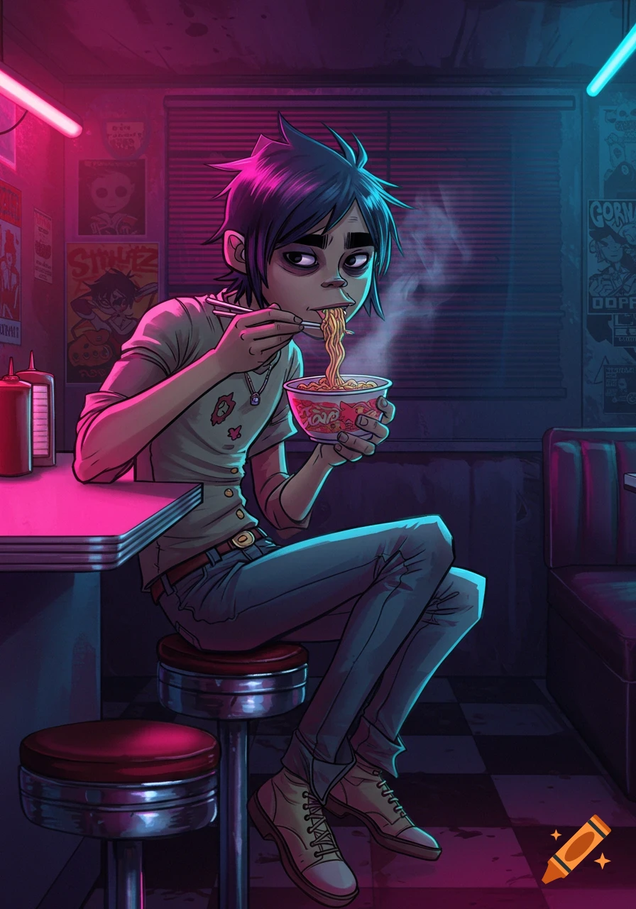 2D from Gorillaz, an animated character with blue hair, sits in a neon-lit diner booth, eating noodles with chopsticks.
