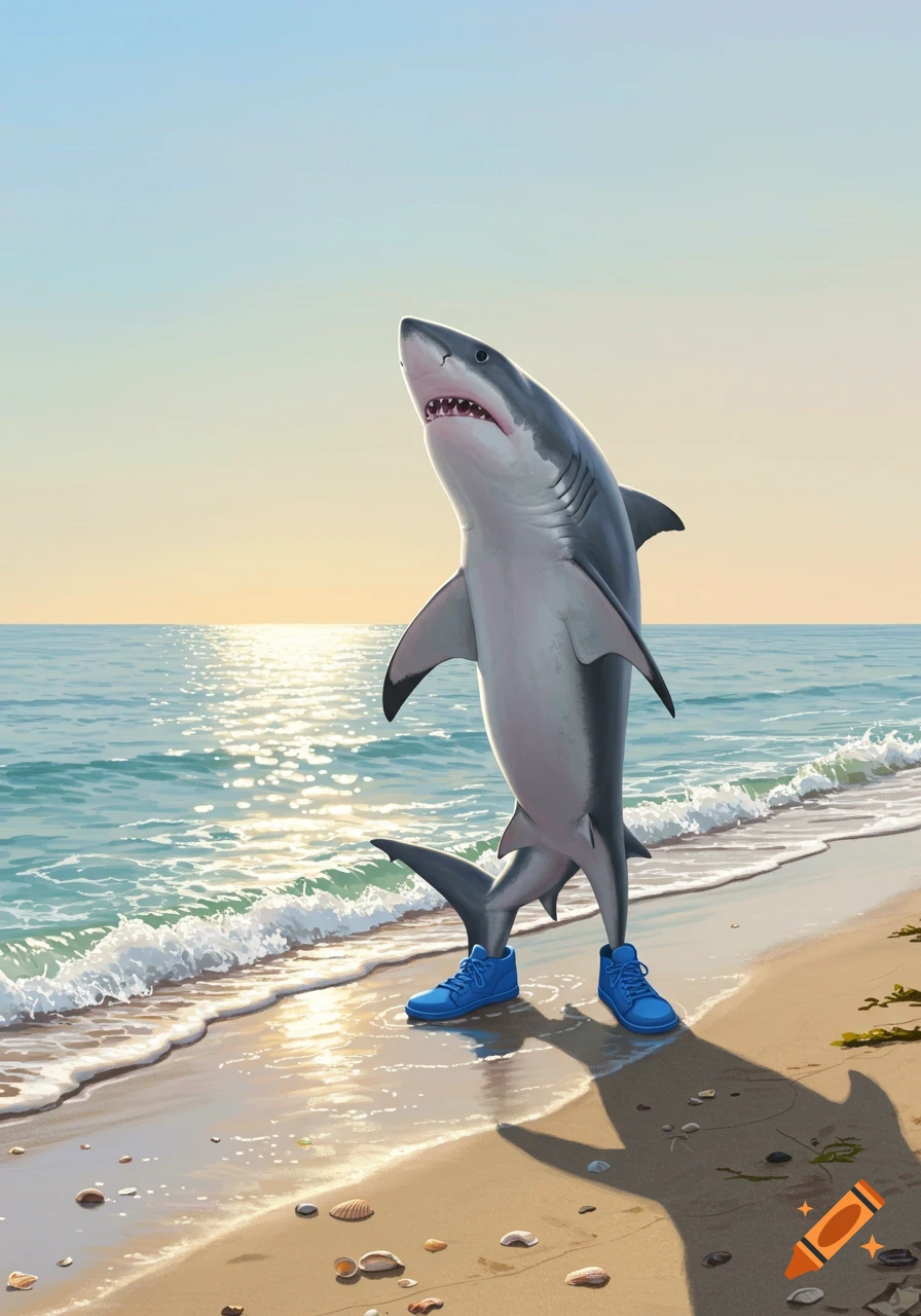 A photorealistic shark standing upright on a sandy beach, wearing bright blue sneakers, looking up at the sky as waves crash nearby.
