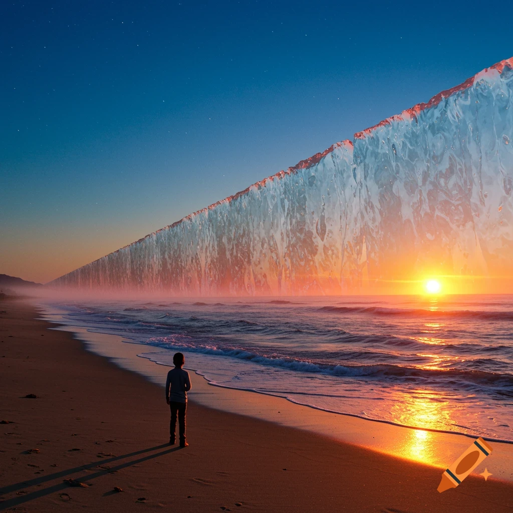 A child stands on a beach, gazing at a towering, transparent ice wall at sunset, which reflects the vibrant sky and ocean.