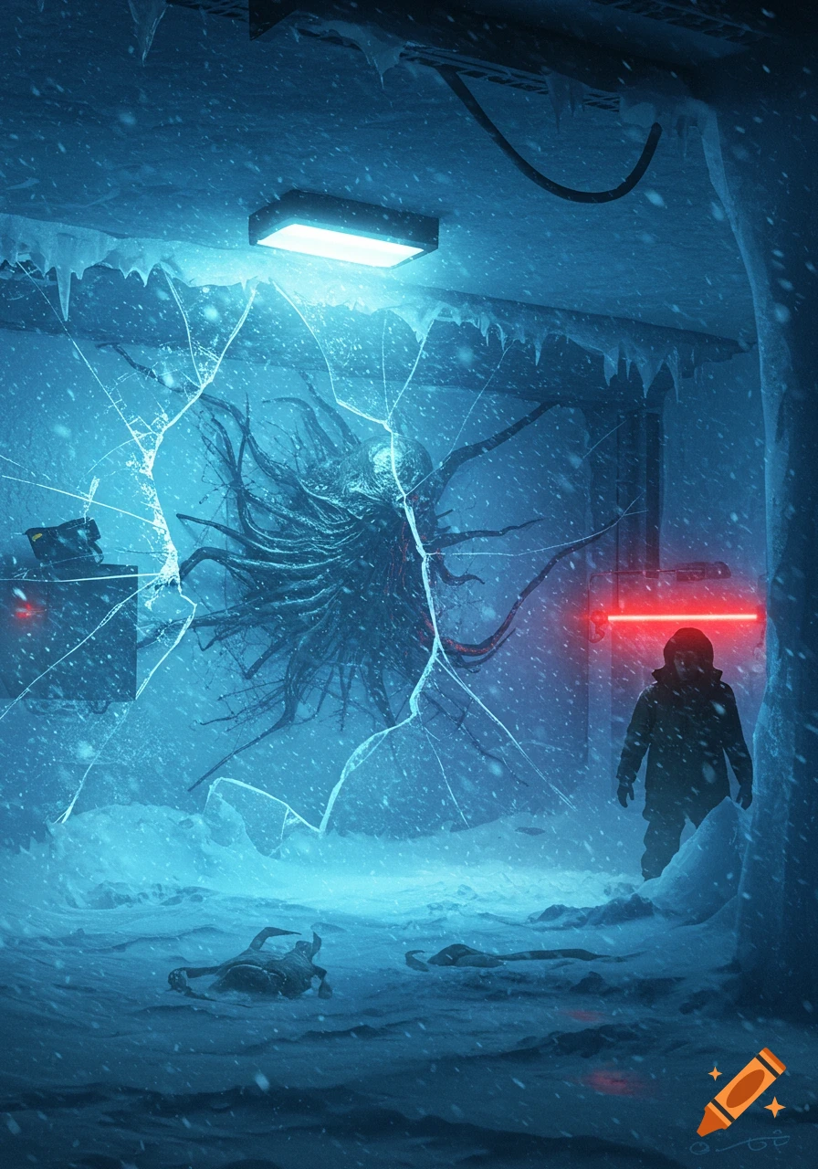 A lone figure faces a monstrous tentacled creature behind shattered ice in a frozen, snowy sci-fi horror scene.