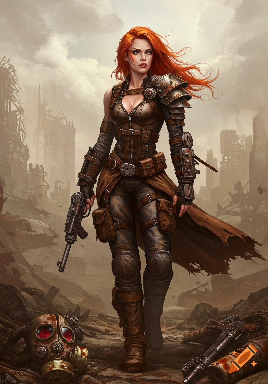 A red-haired woman in leather armor and boots walks with a submachine gun through a destroyed city in a detailed post-apocalyptic art style.