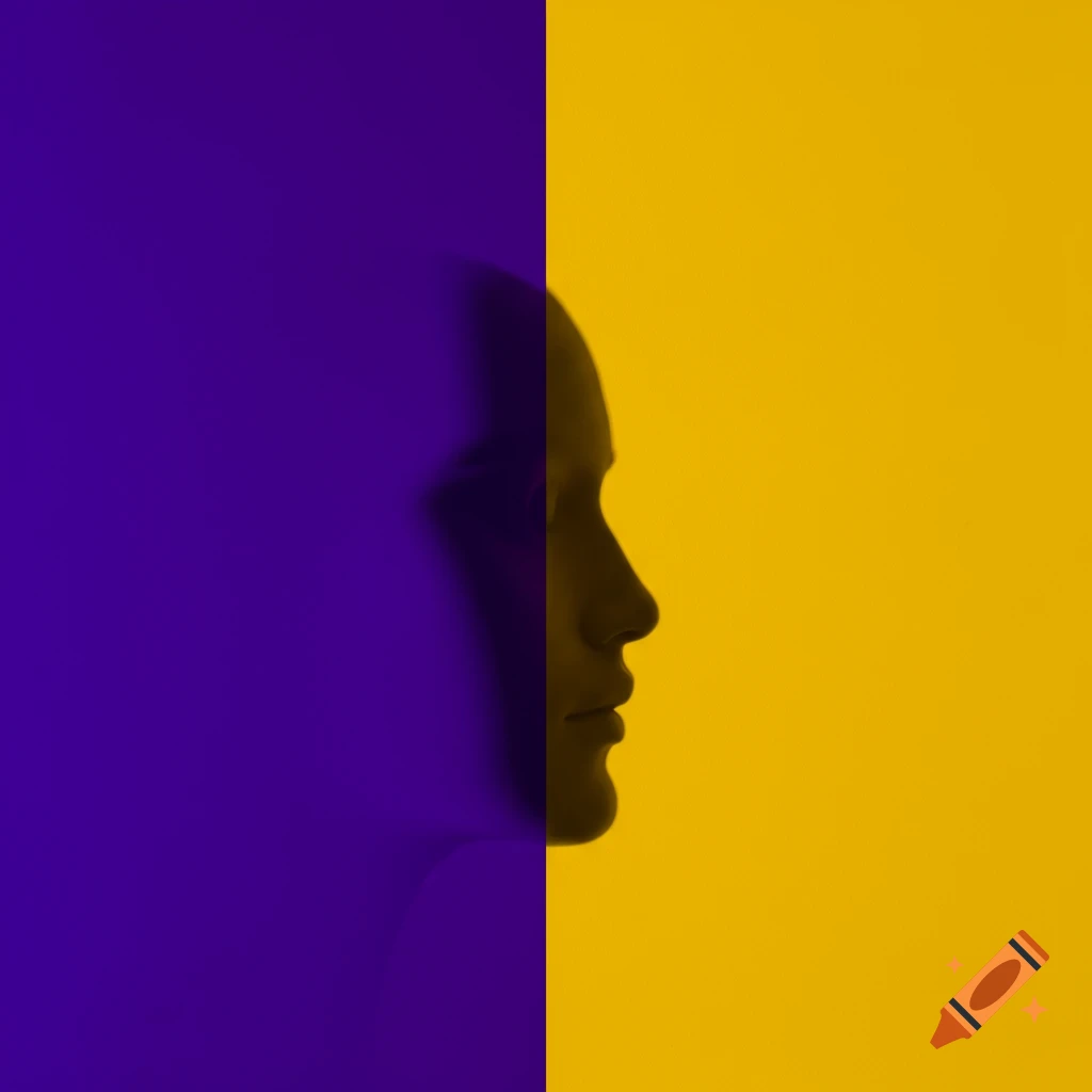 Profile silhouette of a person's face against a split purple and yellow background.