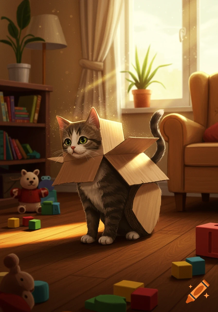 A cute tabby cat wears a cardboard box 'armor' while playing with colorful blocks in a sunlit room.