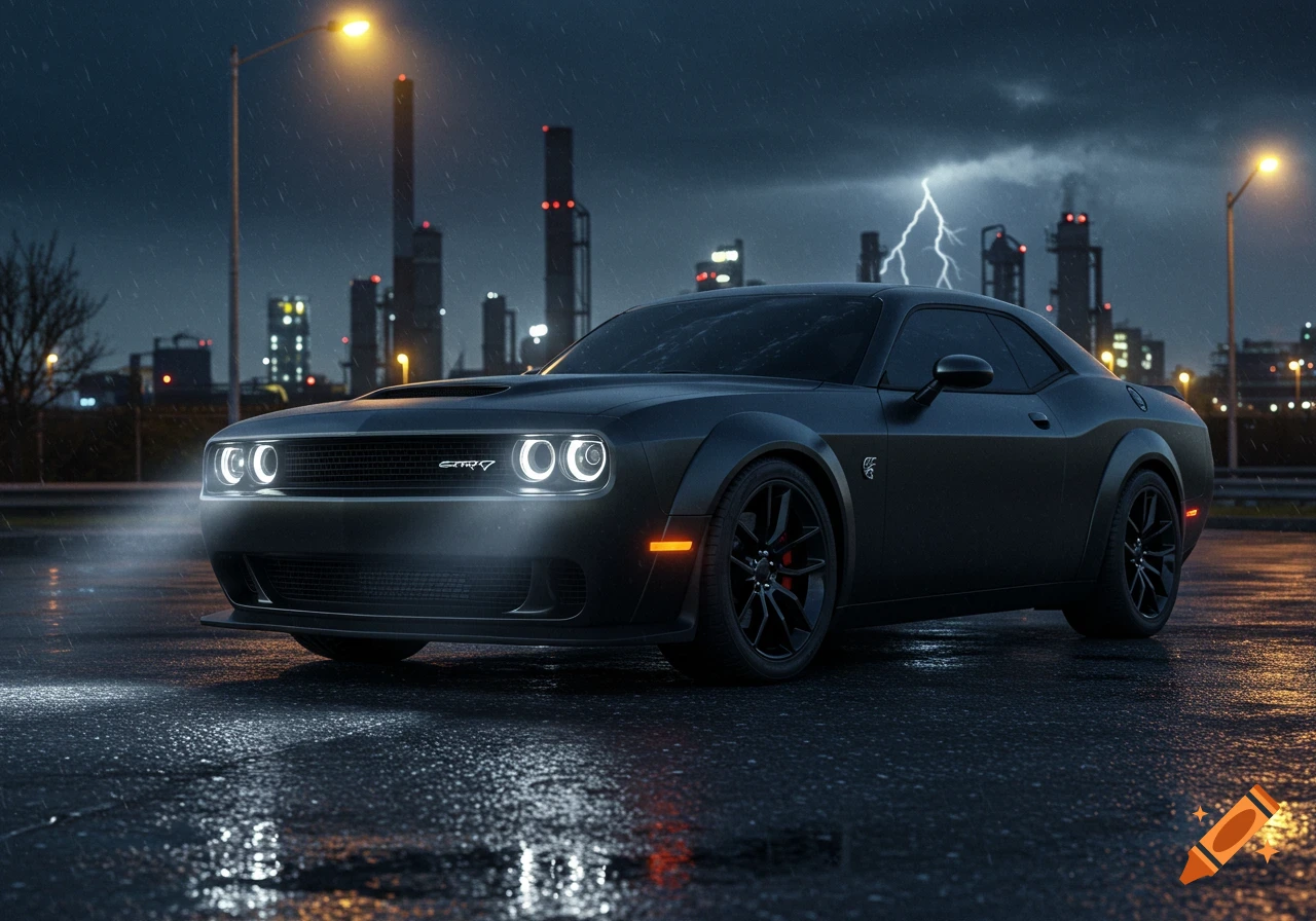 A matte black Dodge Challenger parked on a wet street in a city at night during a rainstorm with lightning.