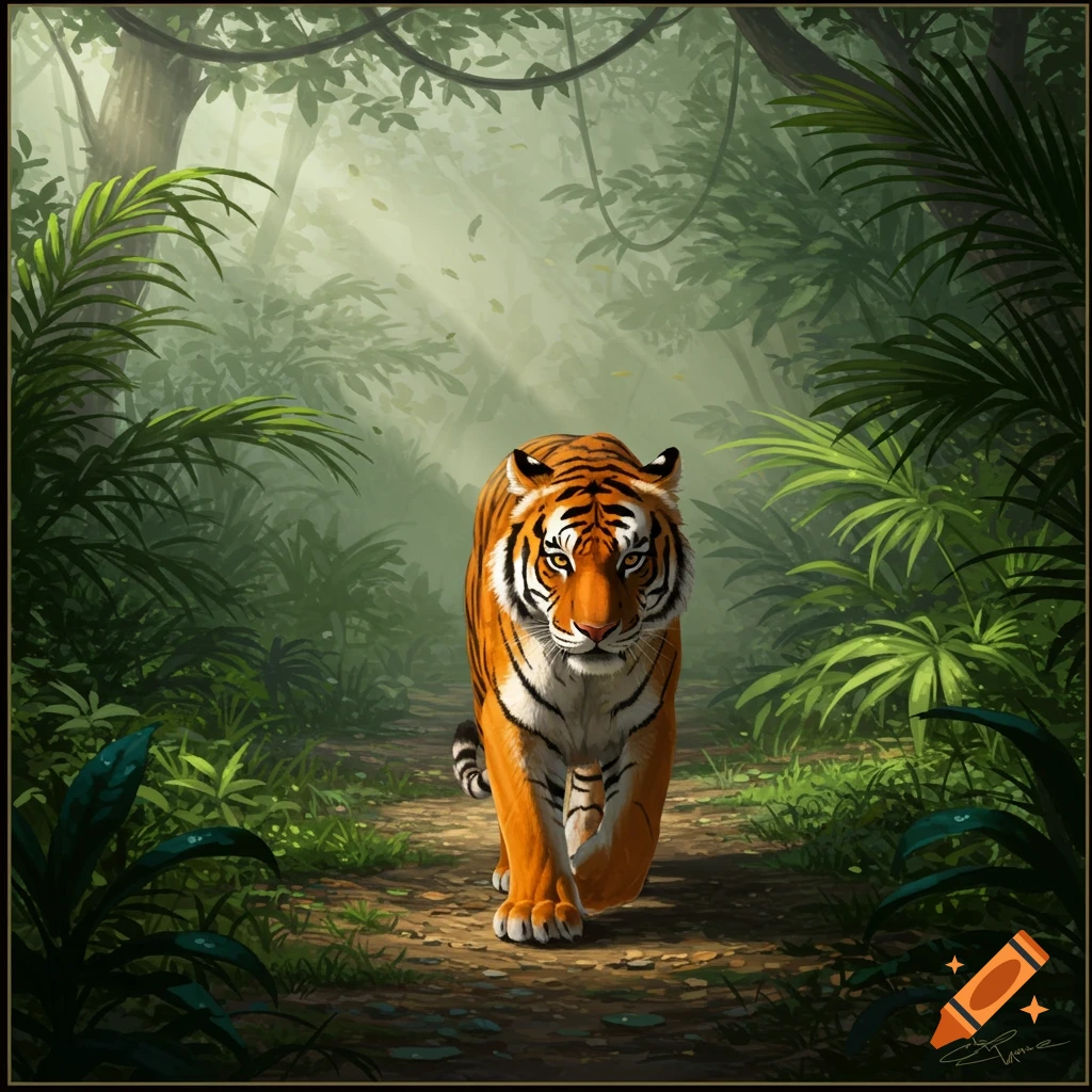 A majestic tiger walks on a dirt path through a lush, sun-dappled jungle.