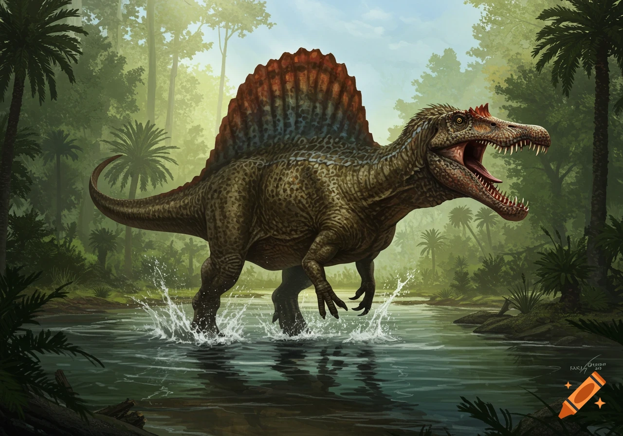 A large Spinosaurus with its mouth open wades through shallow water in a dense, green jungle, illustrative style.