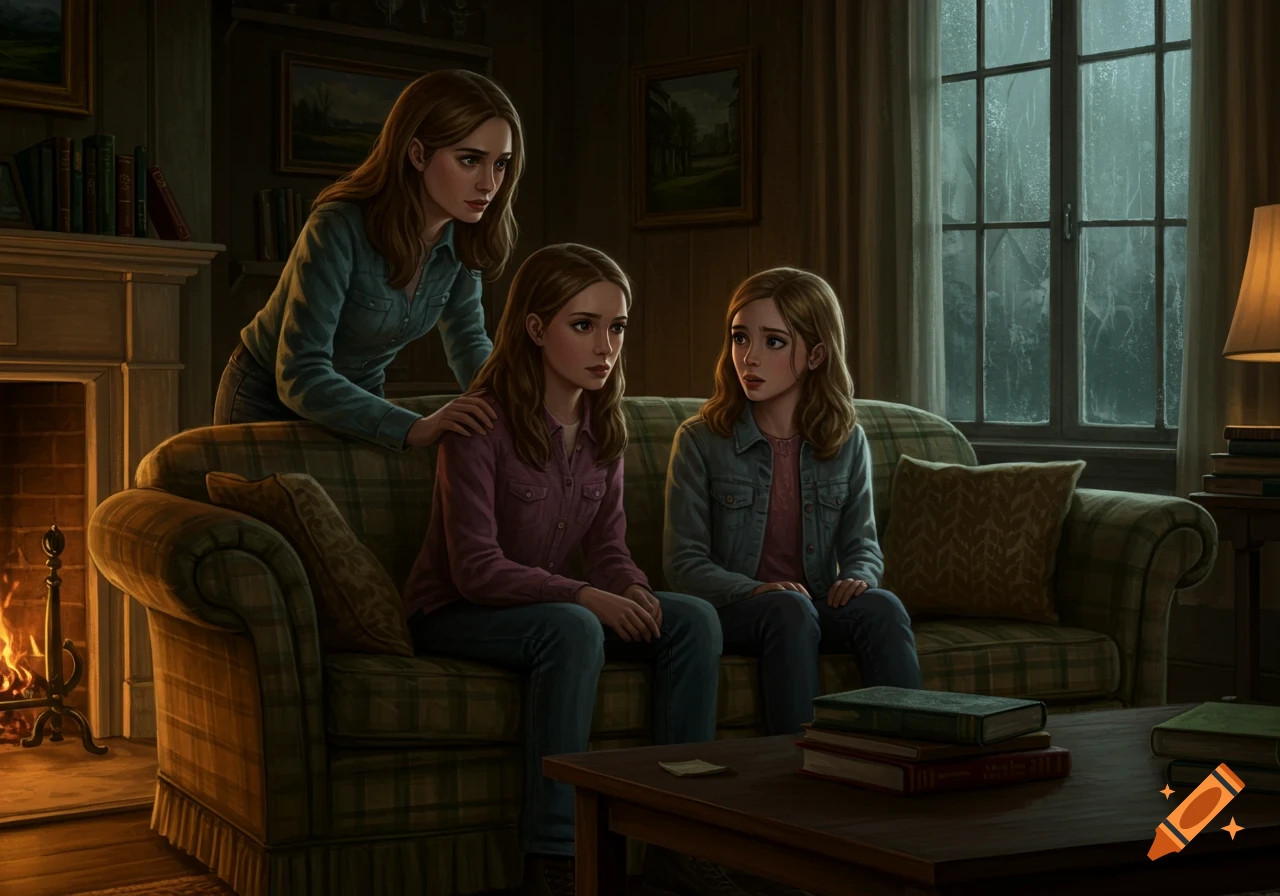 Three women in a dimly lit, rustic living room; two girls on a plaid couch, an adult standing behind. A fireplace glows, and rain falls outside a large window.