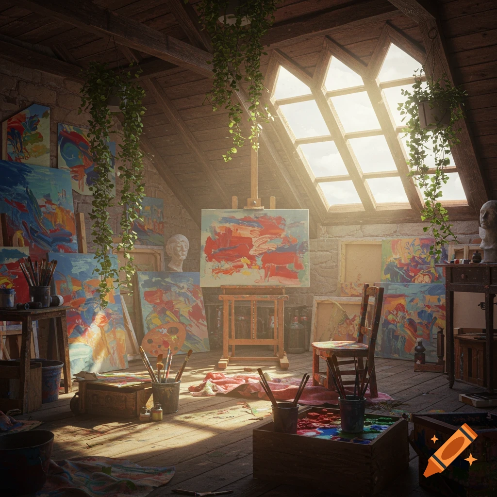 Sunlit artist's attic studio with many abstract paintings, easels, art supplies, and hanging vines.