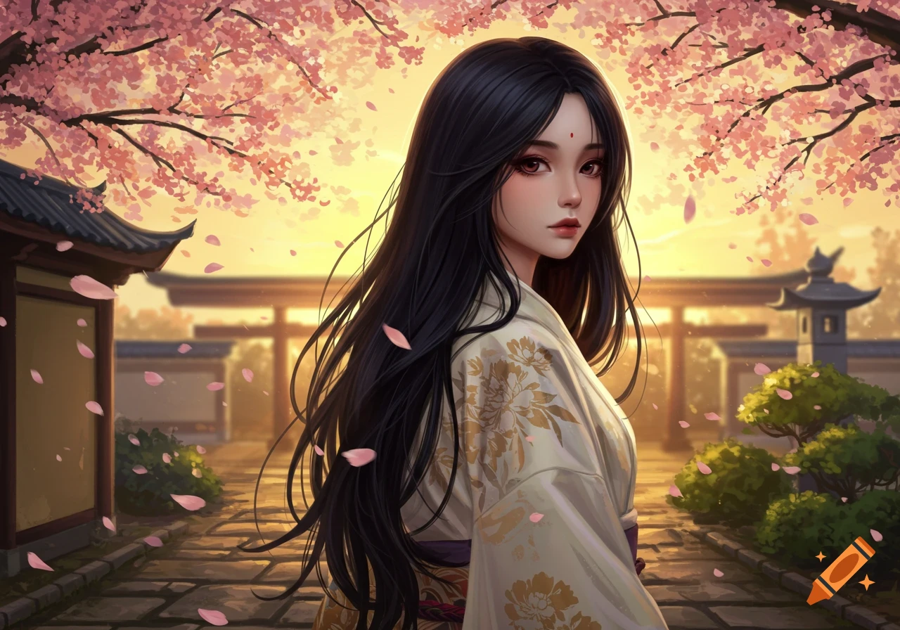 Digital art of a girl with long black hair in a kimono, standing under falling cherry blossoms in a Japanese garden at sunset.
