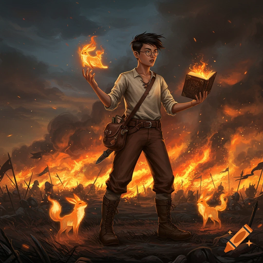 Young mage with glasses stands in a fiery battlefield, holding a burning book and conjuring a fire spirit, with two fox-like fire spirits. Anime style.