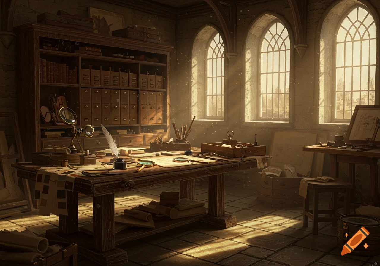 A dimly lit, vintage study or workshop with a wooden table, quill, inkwell, books, and arched windows streaming light.