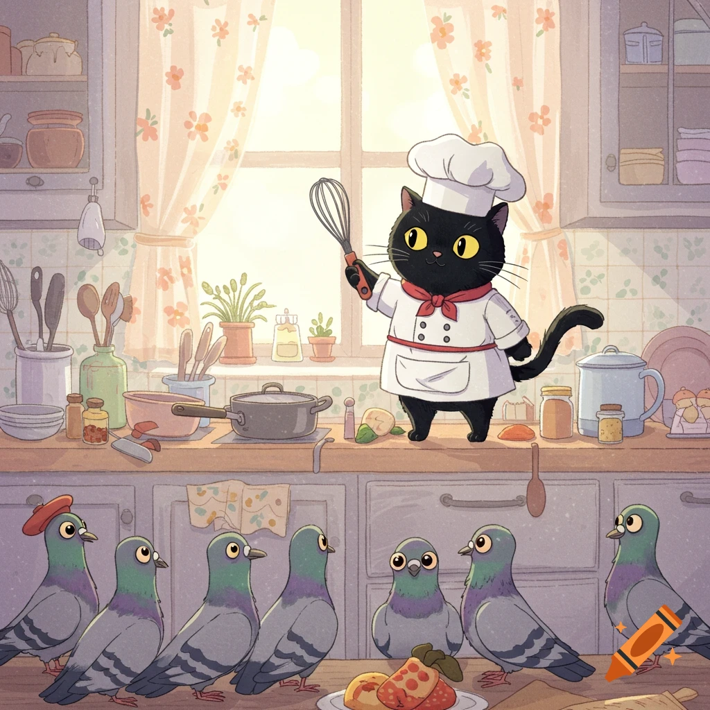 Cartoon black cat chef holding a whisk in a kitchen, observed by pigeons.