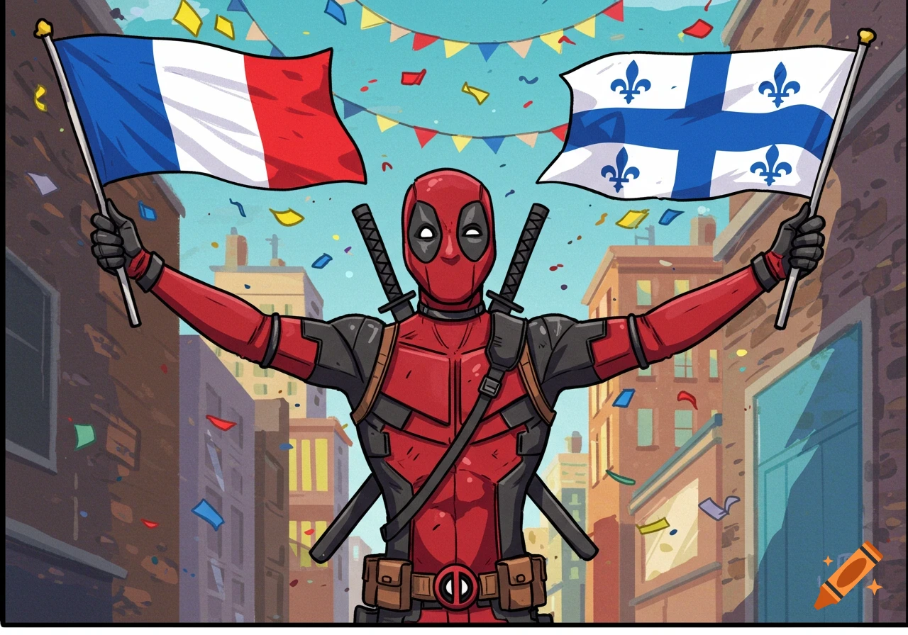 Deadpool waves a French flag and a Quebec flag in a cartoon cityscape with confetti.