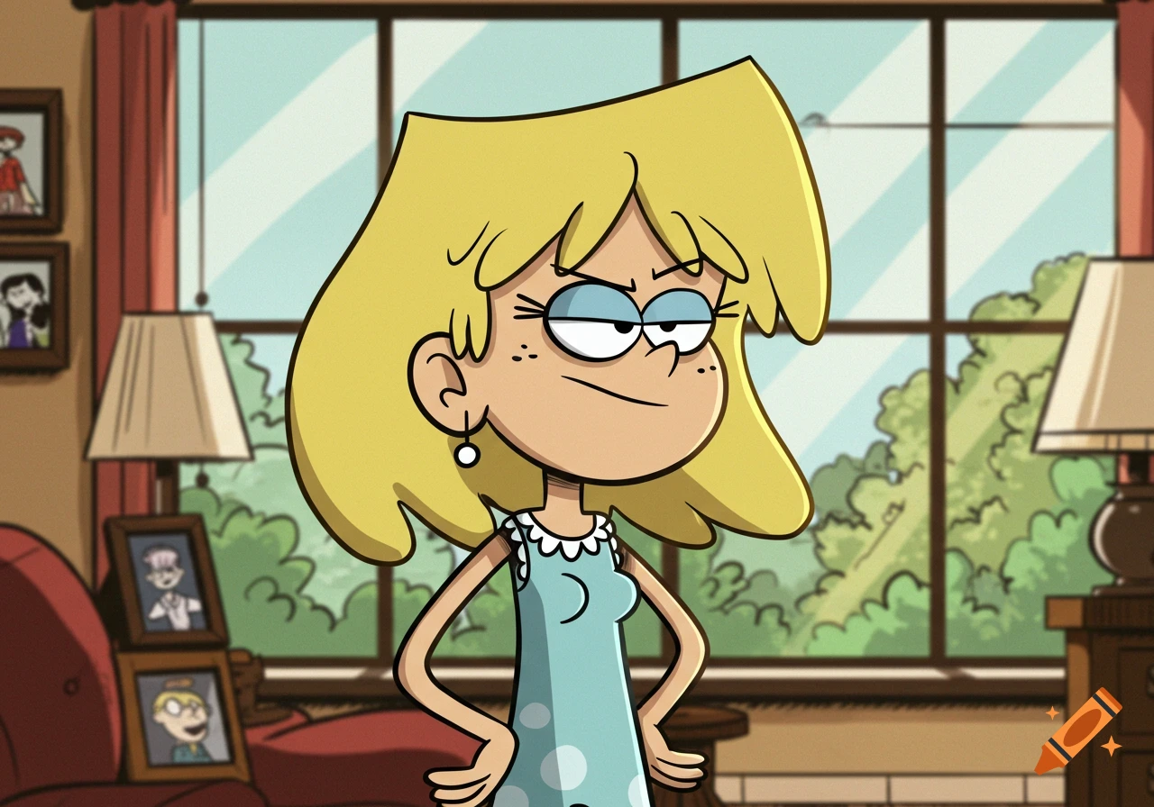 Cartoon character Lori Loud with blonde hair and a light blue polka dot dress stands with hands on hips, looking annoyed in a living room.
