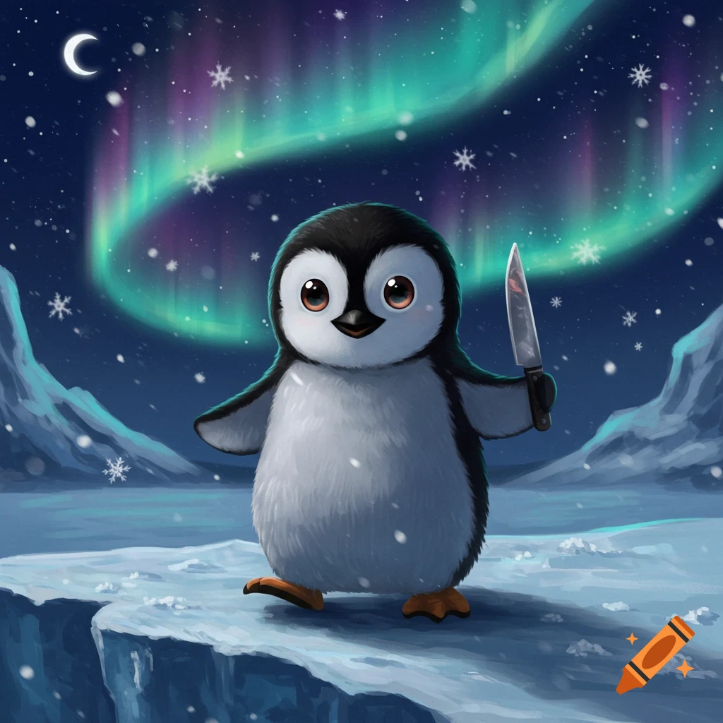 A cute, semi-cartoonish penguin stands on an icy ledge holding a knife, under a starry night sky with green northern lights and snowflakes.