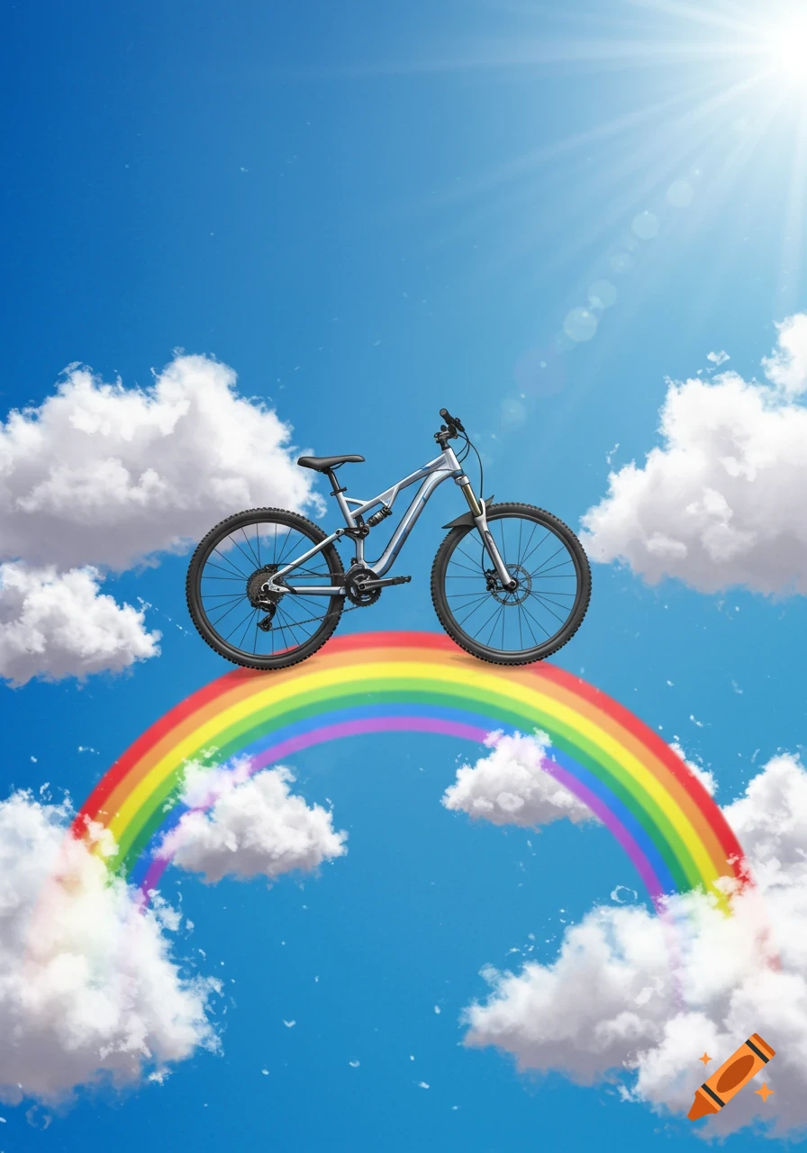 A silver mountain bike on a colorful rainbow in a bright blue sky with white clouds and a shining sun.