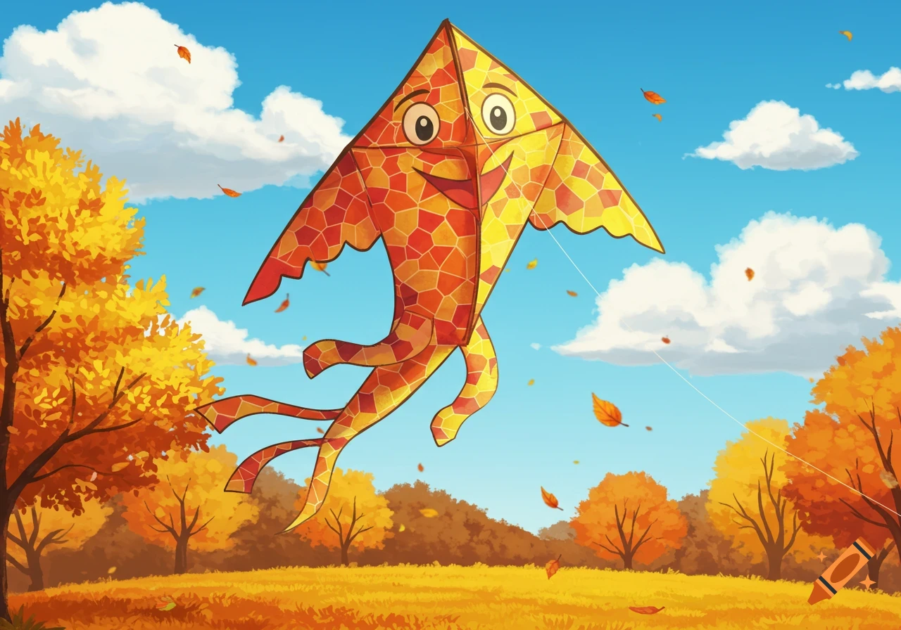 A smiling orange and yellow patterned kite flies in a bright blue sky over autumn trees with falling leaves.