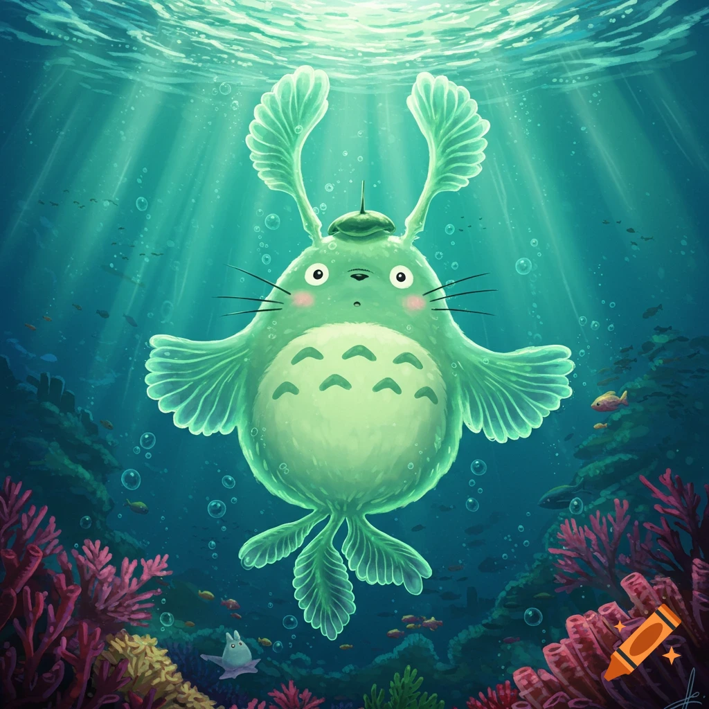 A vibrant, green, aquatic Totoro-like creature with fins swims in a sunlit coral reef, in a cute anime style.