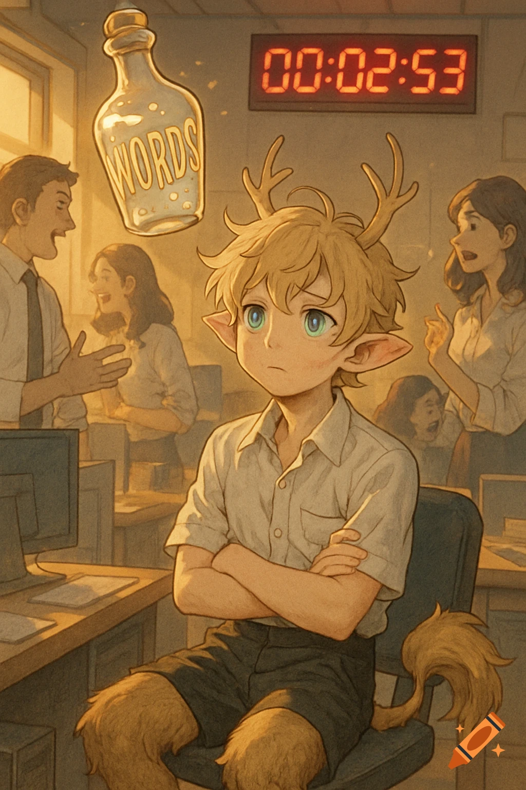 A blond anime satyr boy with antlers and a tail looks resigned in an office, surrounded by talking human peers. A bottle of "WORDS" hangs above him, and a digital timer reads 00:02:53.
