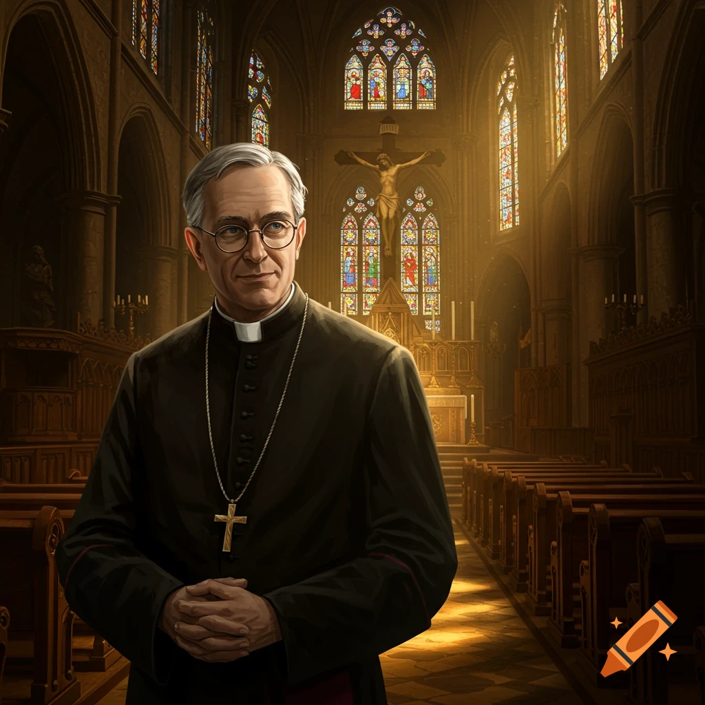 A middle-aged Catholic priest with grey hair and glasses, wearing a black cassock and gold cross, stands in a dimly lit church with stained glass windows.