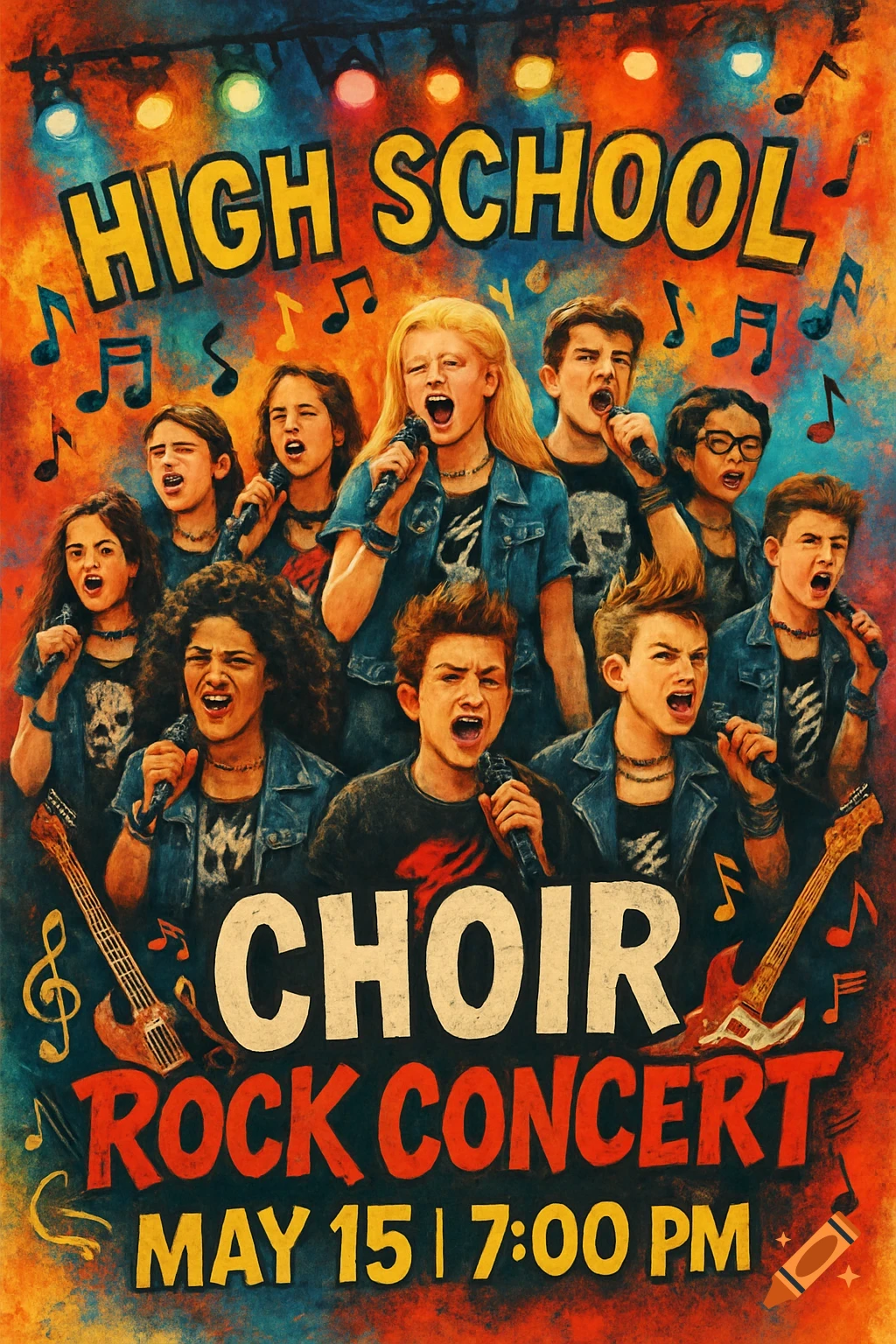 A vibrant, grunge-style poster for a 'High School Choir Rock Concert' showing a diverse group of teenagers singing into microphones.