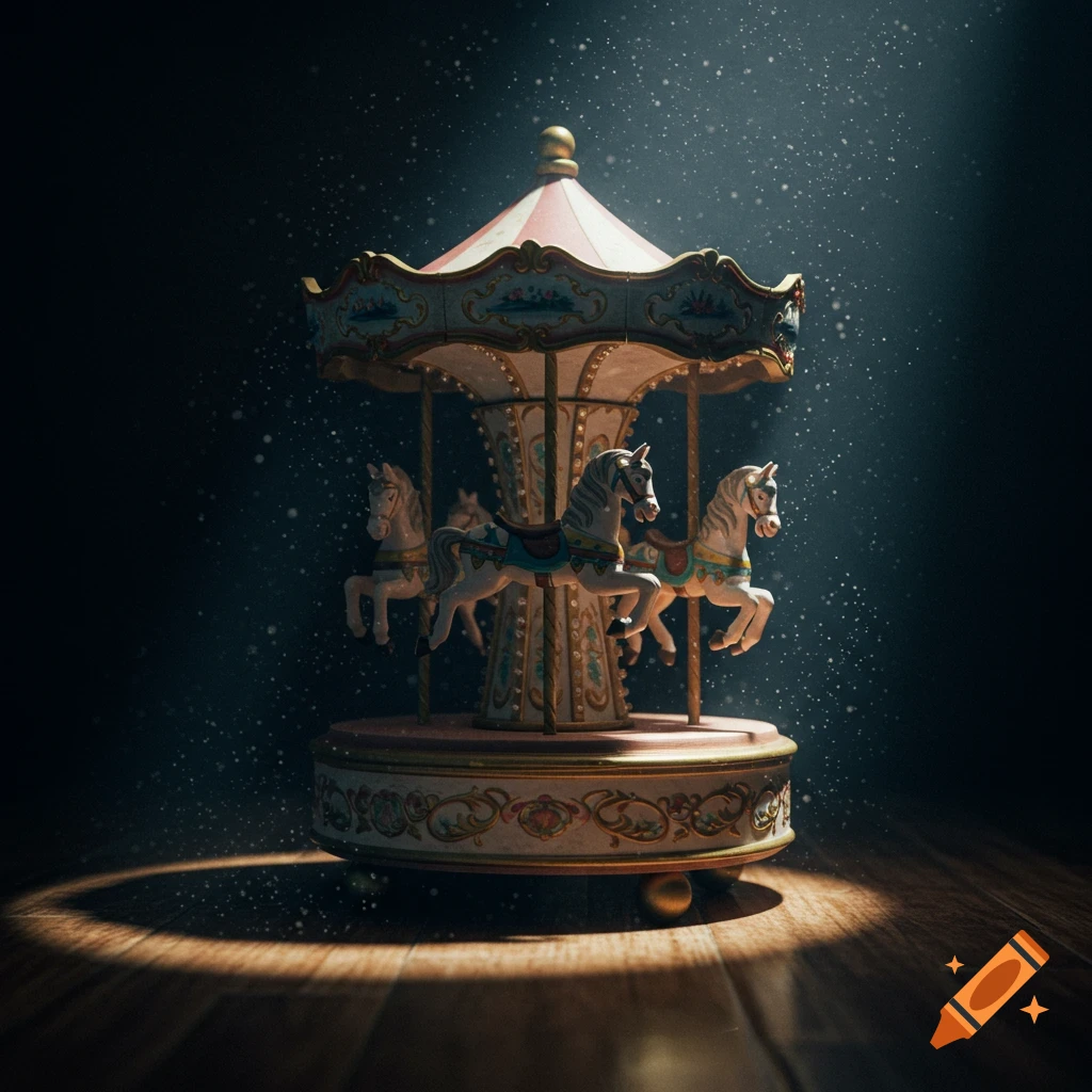 A beautifully illuminated antique carousel toy with white horses, bathed in a dramatic spotlight in a dark room, with dust motes dancing in the light.