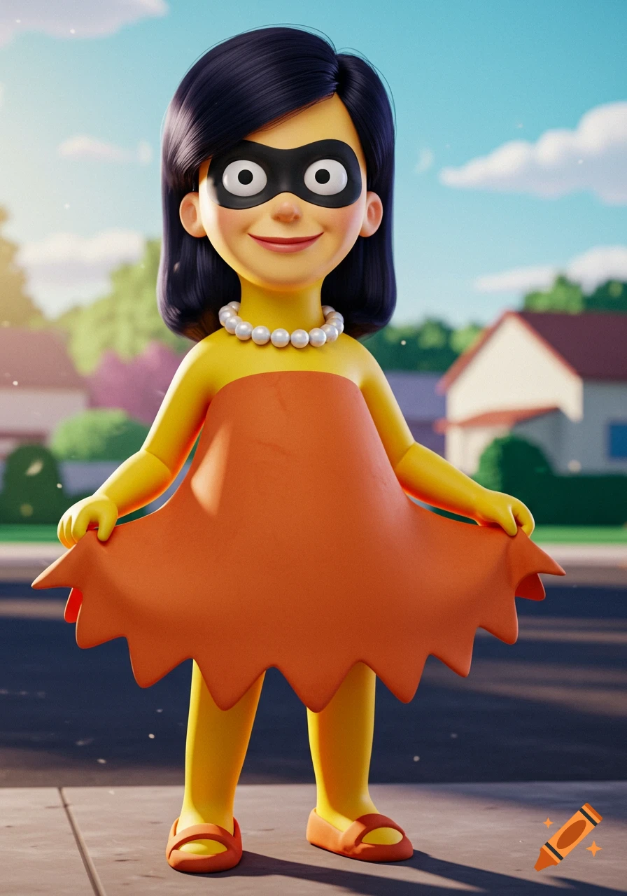 A 3D cartoon character, a girl with dark hair and a black mask, wears a yellow top, orange dress, and pearl necklace, standing outdoors.