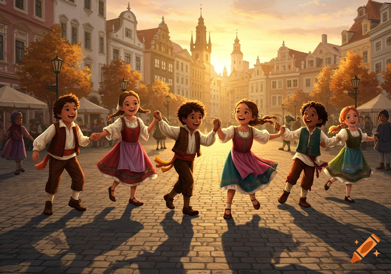 Joyful illustrated children in folk costumes dance on a cobblestone street in a European town at sunset.