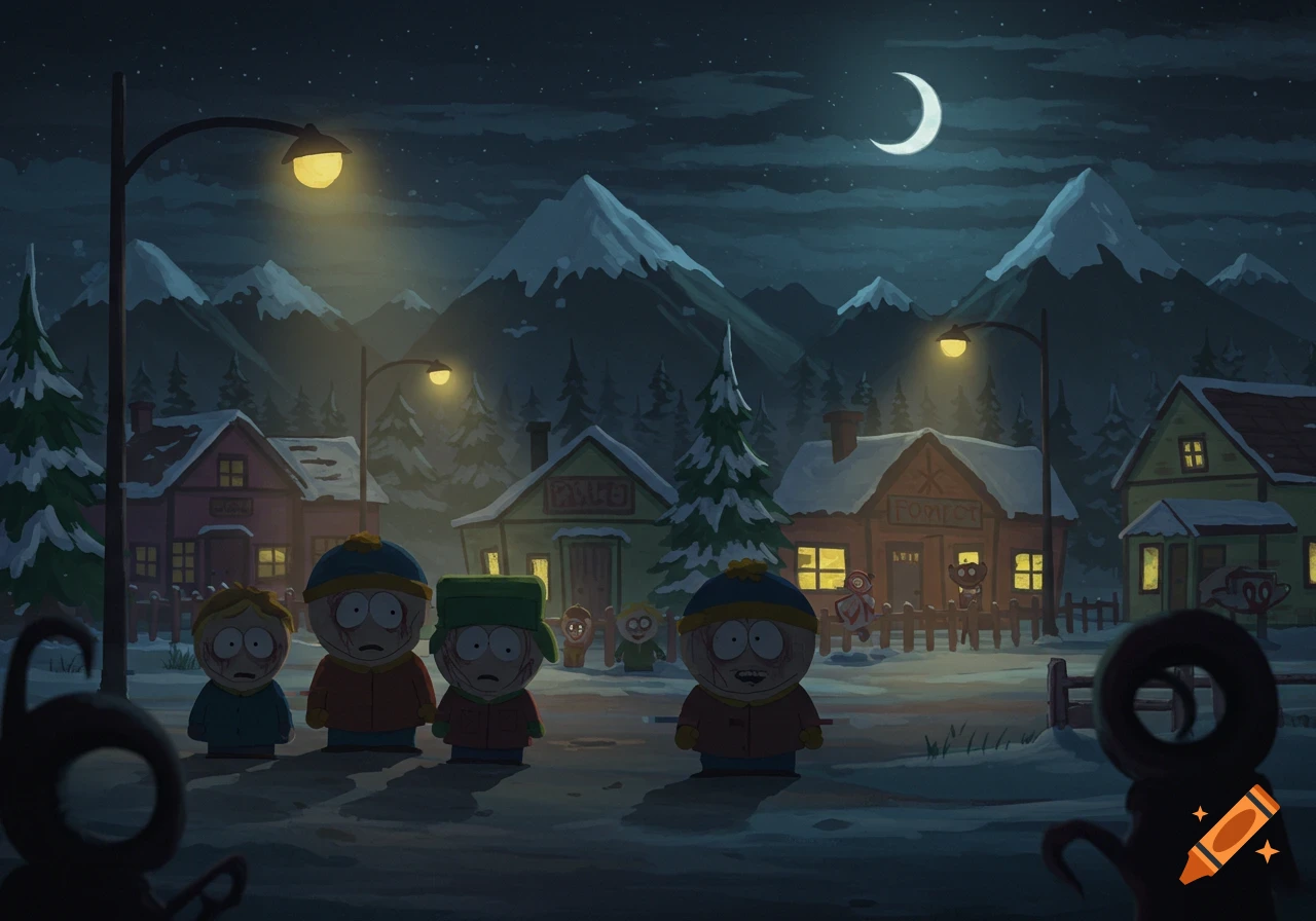 A night scene in a snowy town, featuring South Park characters with cracked faces looking scared, and creepy figures in background windows.