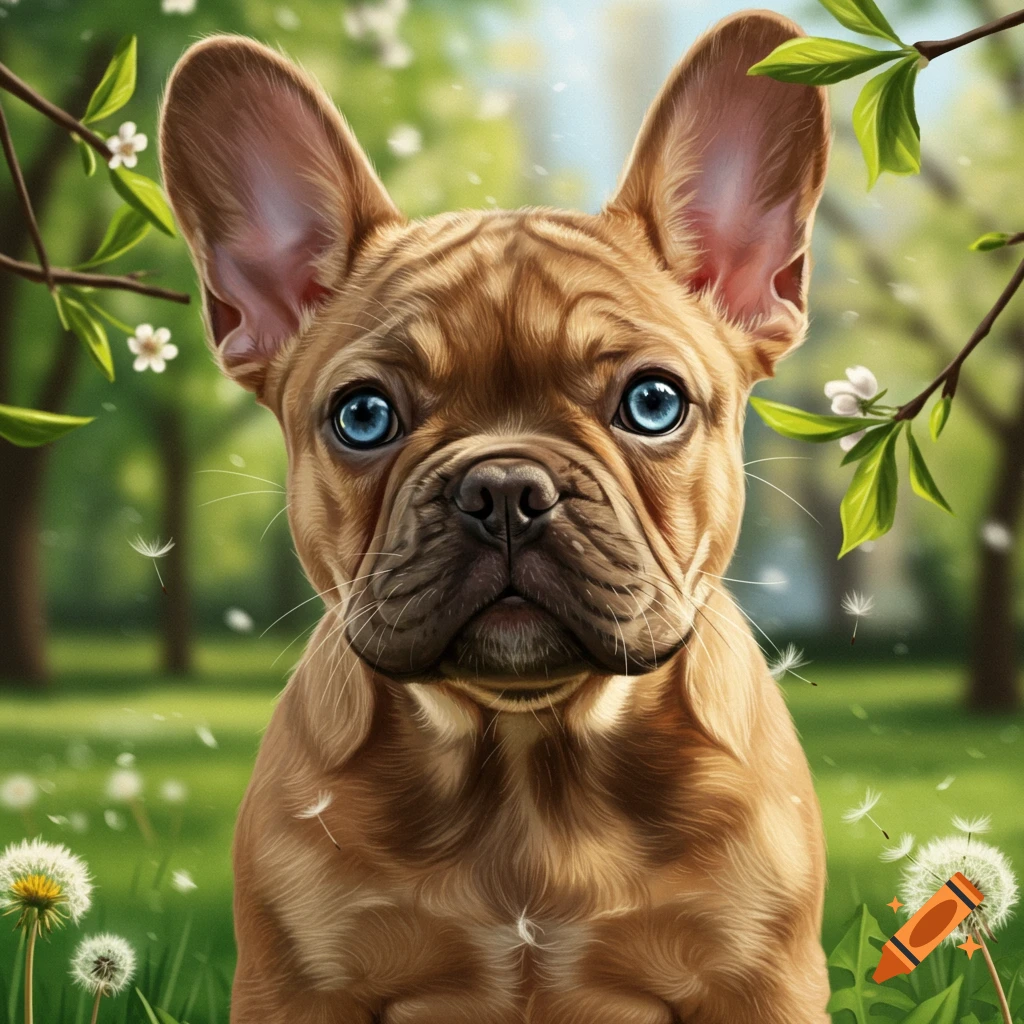 A photorealistic image of a brown French bulldog puppy with bright blue eyes looking forward, in a green park with dandelions and tree branches.
