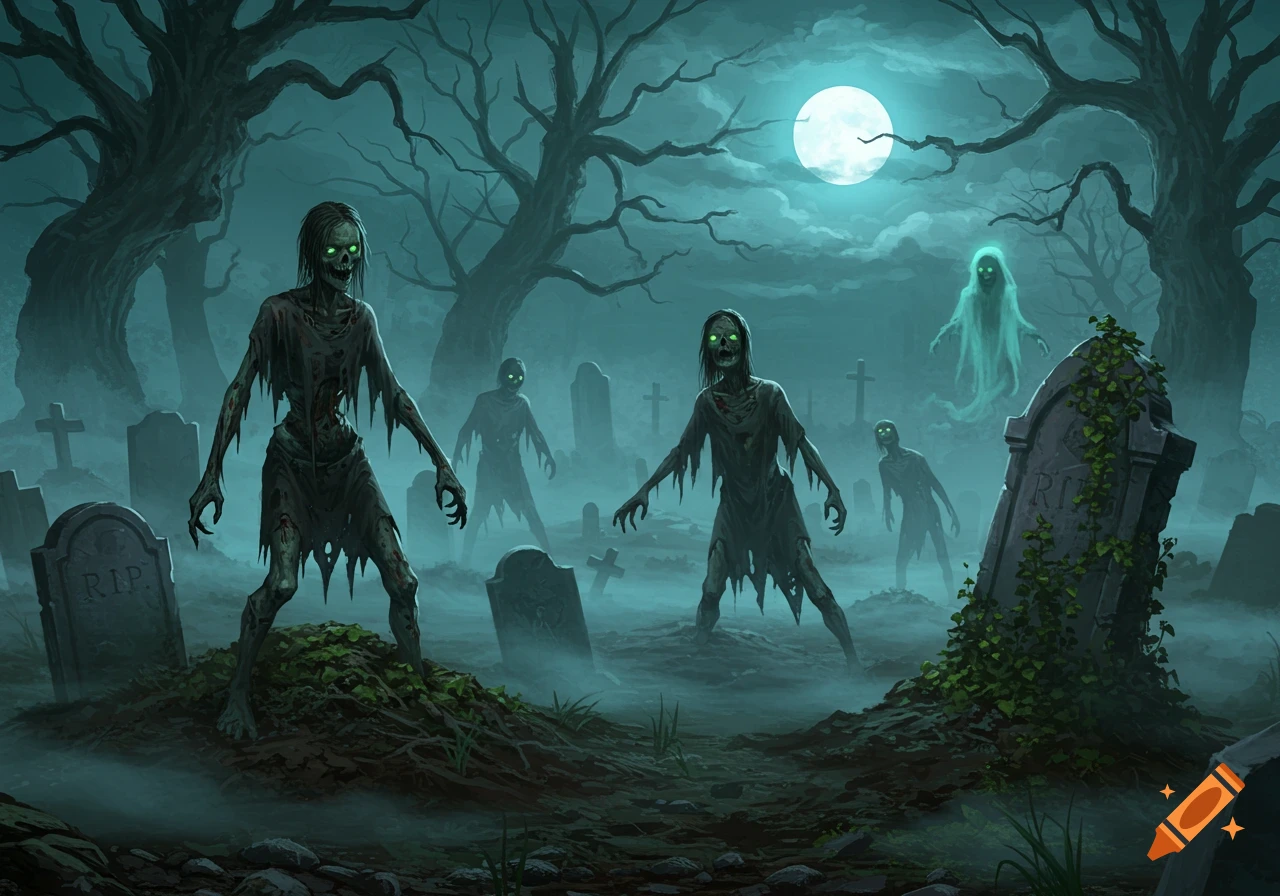 Zombies and a ghost emerge from a foggy graveyard under a full moon at night, surrounded by bare trees and tombstones.