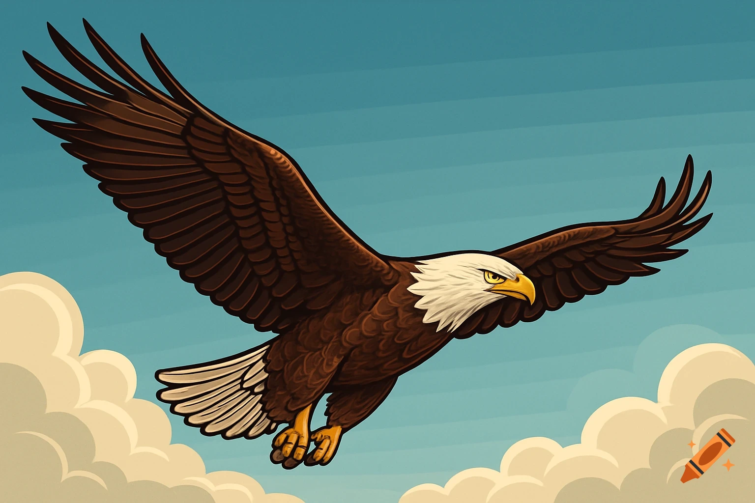 A cartoon illustration of a bald eagle with brown feathers and a white head, soaring through a blue sky with white clouds.