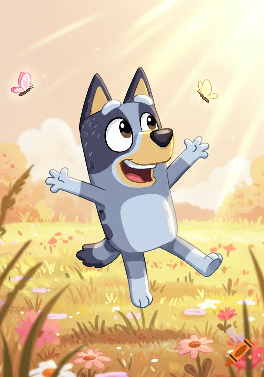 Cartoon of Bluey, a blue dog, jumping happily in a sunny field with flowers and butterflies.