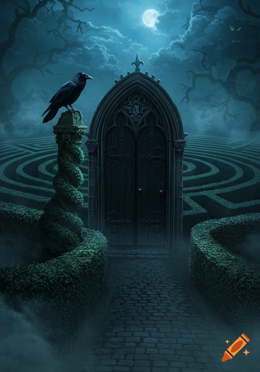 A gothic black door with a crow perched on a post in an eerie labyrinth under a full moon, in a dark fantasy art style.