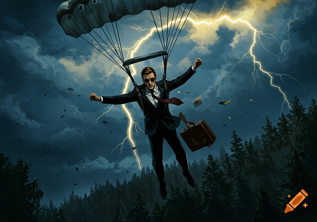 An illustration of a man in a suit parachuting through a stormy sky with lightning over a forest, losing his briefcase and papers.