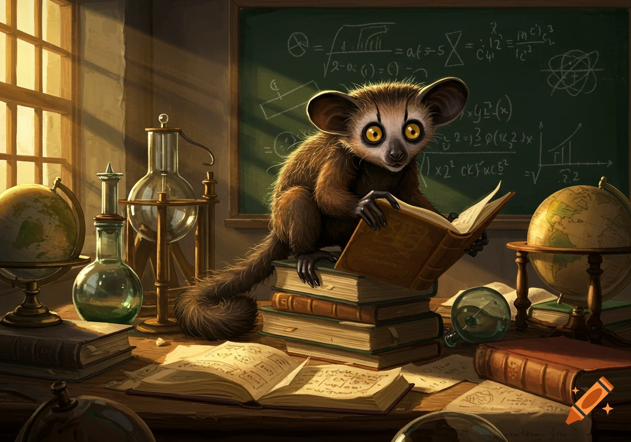 An anthropomorphic aye-aye with large yellow eyes is shown cross-eyed and confused, sitting on a stack of books and reading a book in a sunlit study with beakers, globes, and a blackboard with equations.