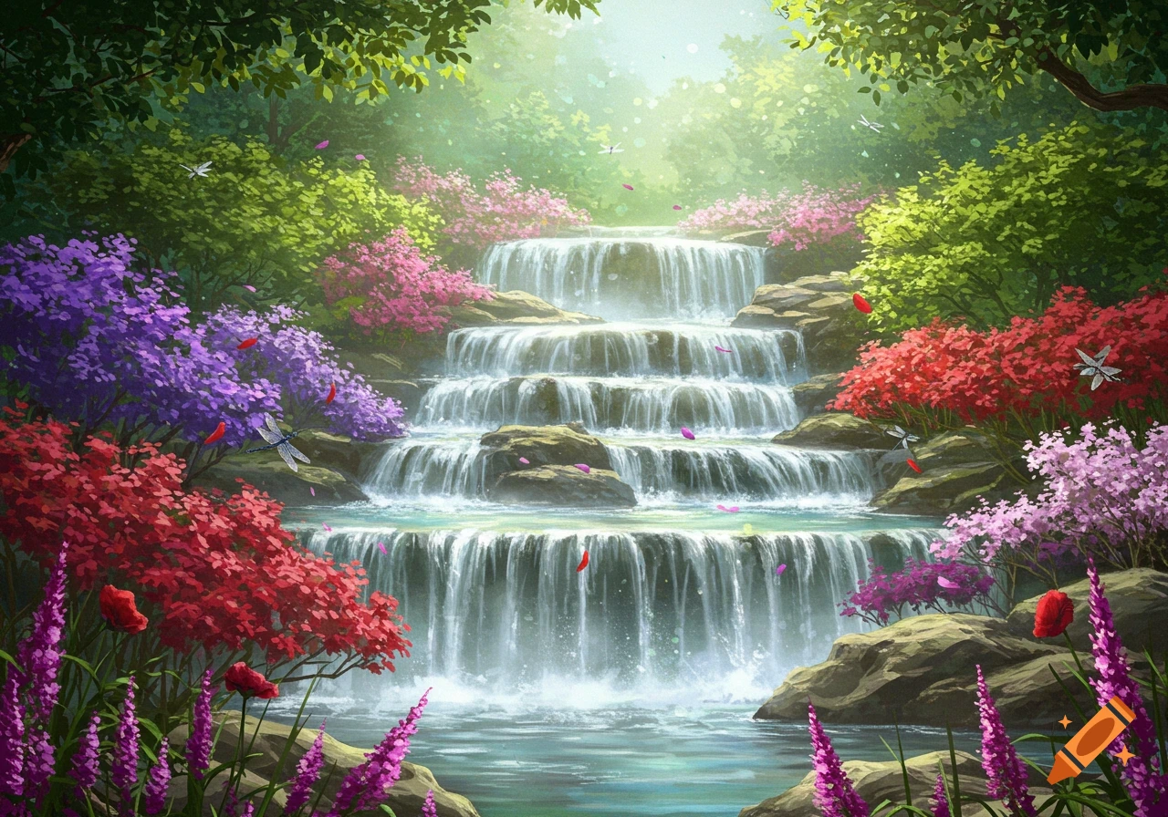 Beautiful flowers garden with waterfall, image size:1280x896