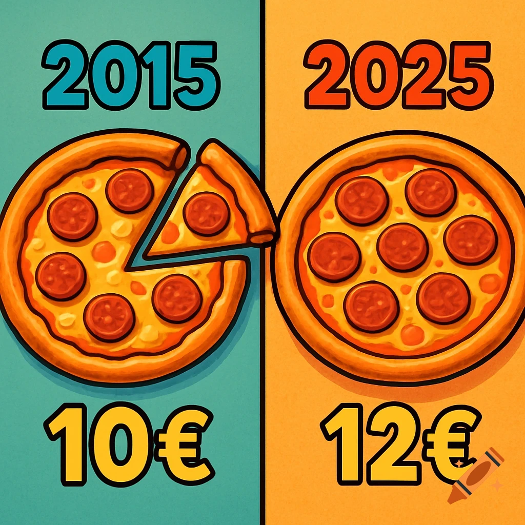 Cartoon infographic comparing two pizzas, one from 2015 priced at 10 euros, and one from 2025 priced at 12 euros.
