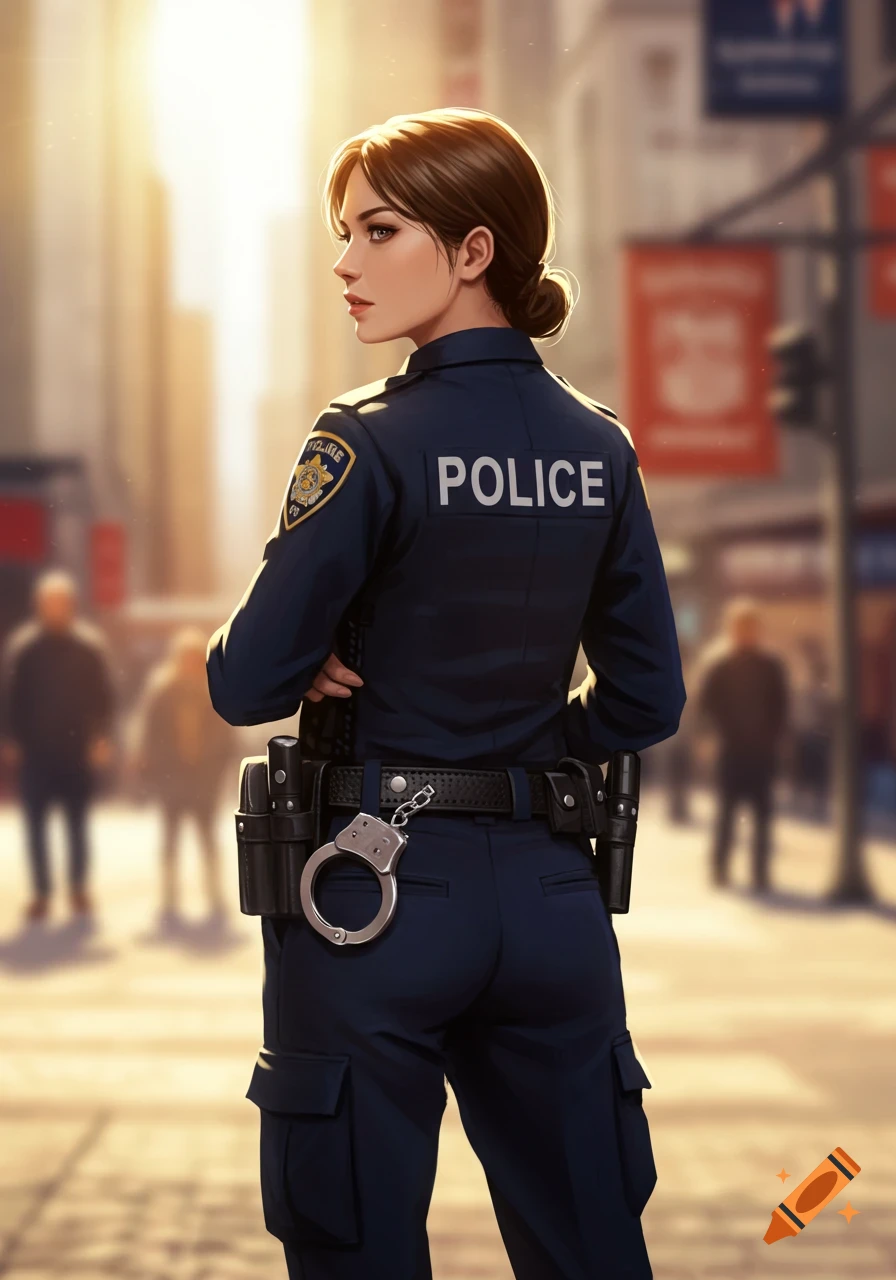 A stylized illustration of a female police officer in a dark blue uniform with 'POLICE' on the back, standing on a sunny city street.