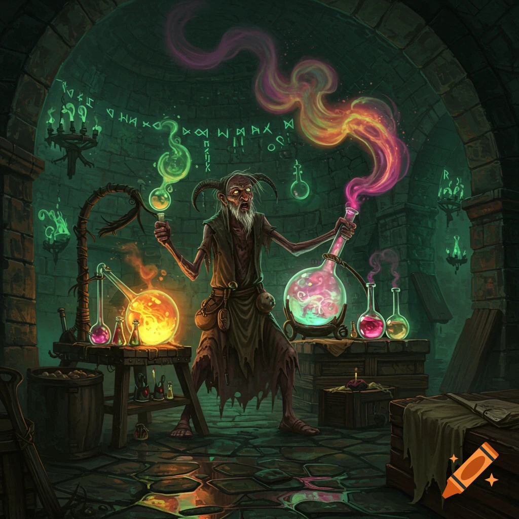 An old, horned wizard or alchemist in a dark, stone laboratory brews glowing, colorful potions with swirling smoke.