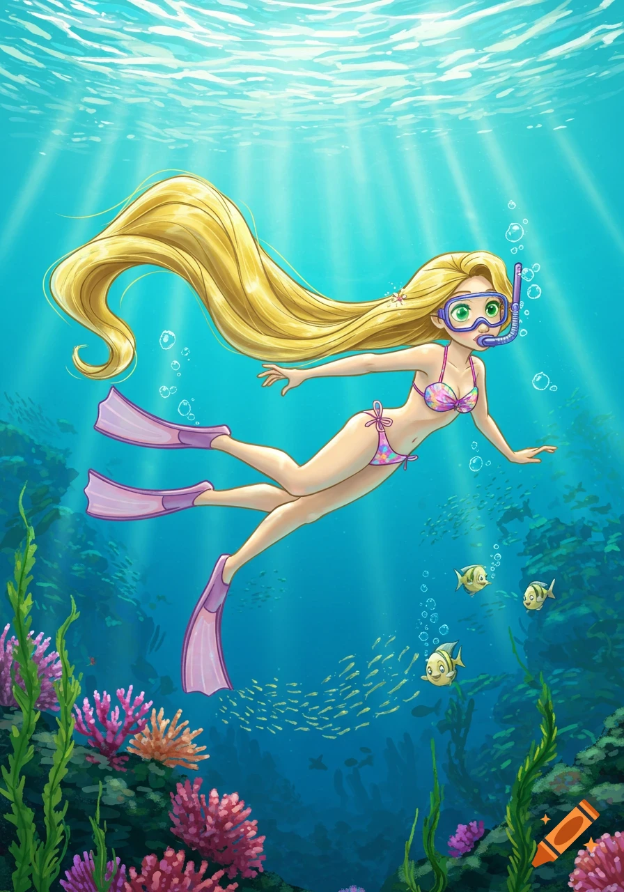 Cartoon illustration of Rapunzel swimming underwater in a bikini, goggles, and flippers, surrounded by colorful coral and fish.